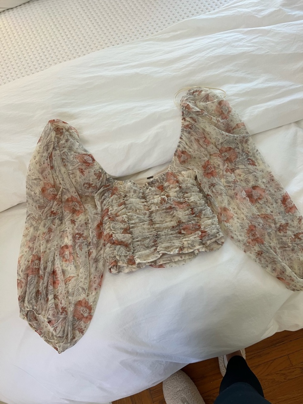 Free People Cream Blouson Floral Smocked Top with Coral Accents